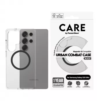 PanzerGlass CARE™ by ® Urban Combat funda, transparente, con negro Qi, compatible, Samsung Galaxy S25 Ultra