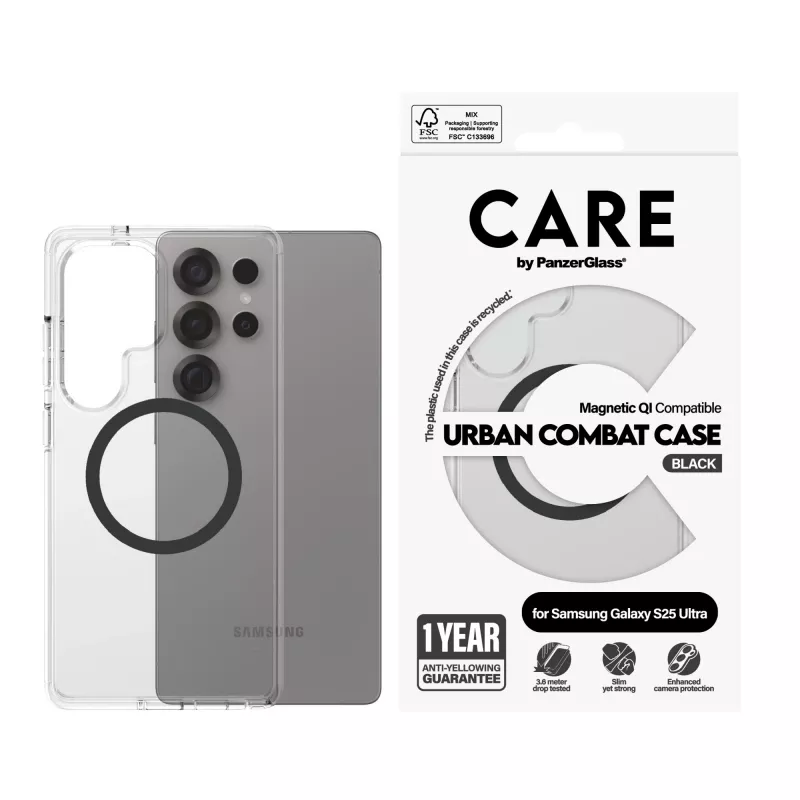 PanzerGlass CARE™ by ® Urban Combat funda, transparente, con negro Qi, compatible, Samsung Galaxy S25 Ultra