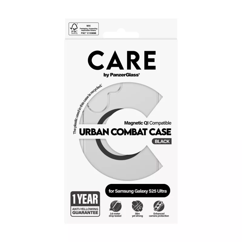 PanzerGlass CARE™ by ® Urban Combat funda, transparente, con negro Qi, compatible, Samsung Galaxy S25 Ultra