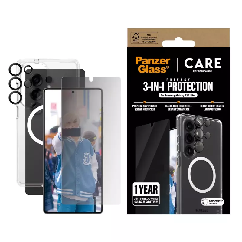 PanzerGlass CARE by ® Flagship pack 3 en 1 privacidad Samsung Galaxy S25 Ultra resistente a arañazos resistente a golpes