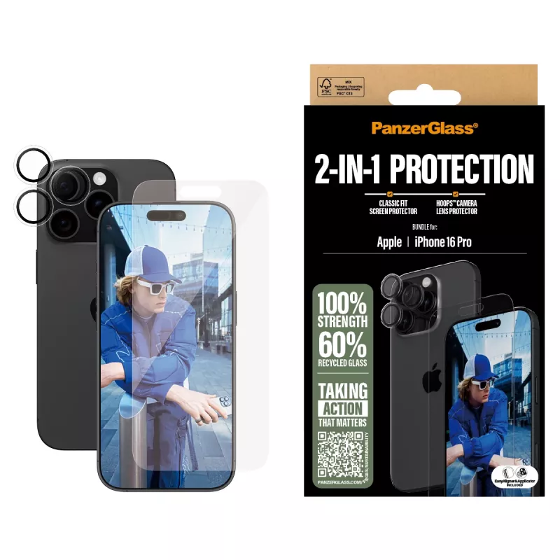 PanzerGlass® pack 2 en 1 iPhone 16 Pro, Apple, Apple - iPhone 16 Pro, aplicación en seco, resistente a arañazos, resistente a golpes, transparente, 1 ud.