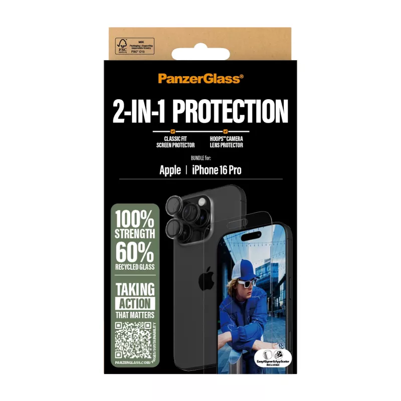PanzerGlass® pack 2 en 1 iPhone 16 Pro, Apple, Apple - iPhone 16 Pro, aplicación en seco, resistente a arañazos, resistente a golpes, transparente, 1 ud.