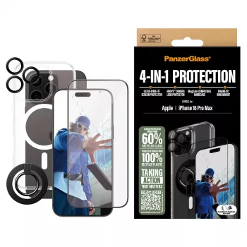 PanzerGlass ® pack de protección 4 en 1 iPhone 16 Pro Max, Apple, Apple - iPhone 16 Pro Max, aplicación en seco, resistente a arañazos, resistente a golpes, transparente, 1 ud.