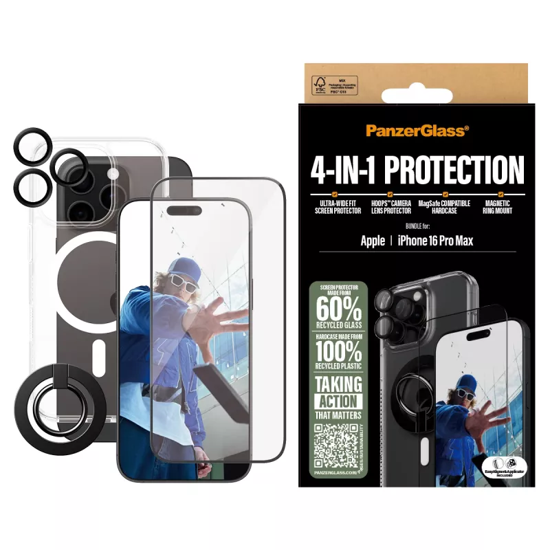PanzerGlass ® pack de protección 4 en 1 iPhone 16 Pro Max, Apple, Apple - iPhone 16 Pro Max, aplicación en seco, resistente a arañazos, resistente a golpes, transparente, 1 ud.