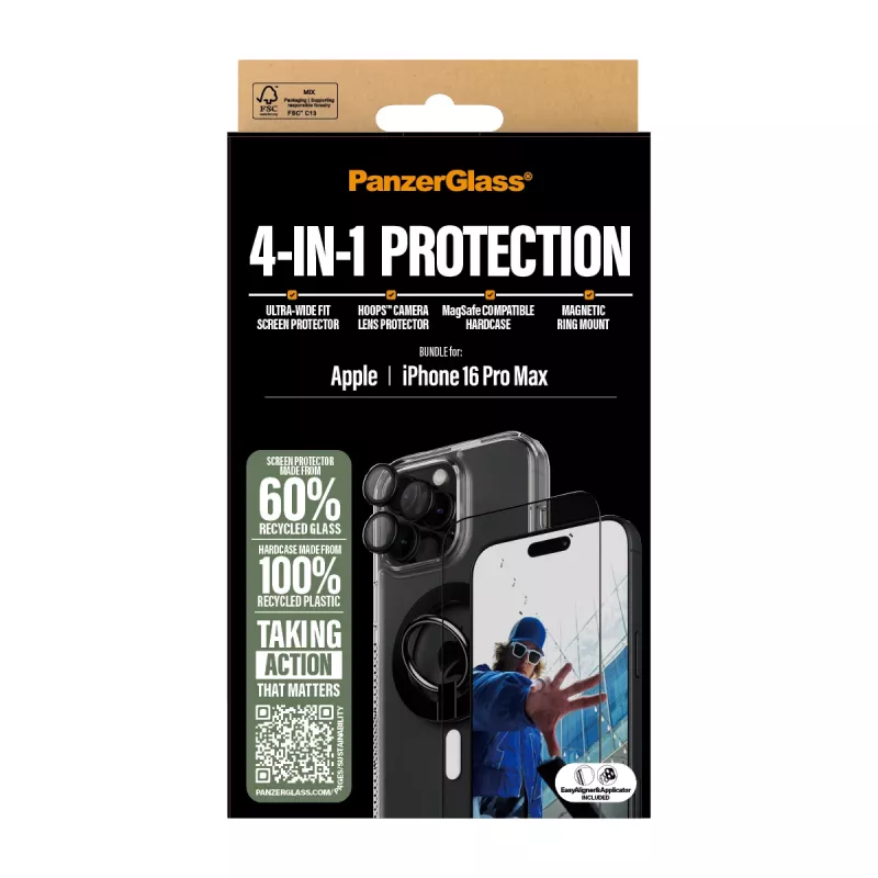 PanzerGlass ® pack de protección 4 en 1 iPhone 16 Pro Max, Apple, Apple - iPhone 16 Pro Max, aplicación en seco, resistente a arañazos, resistente a golpes, transparente, 1 ud.