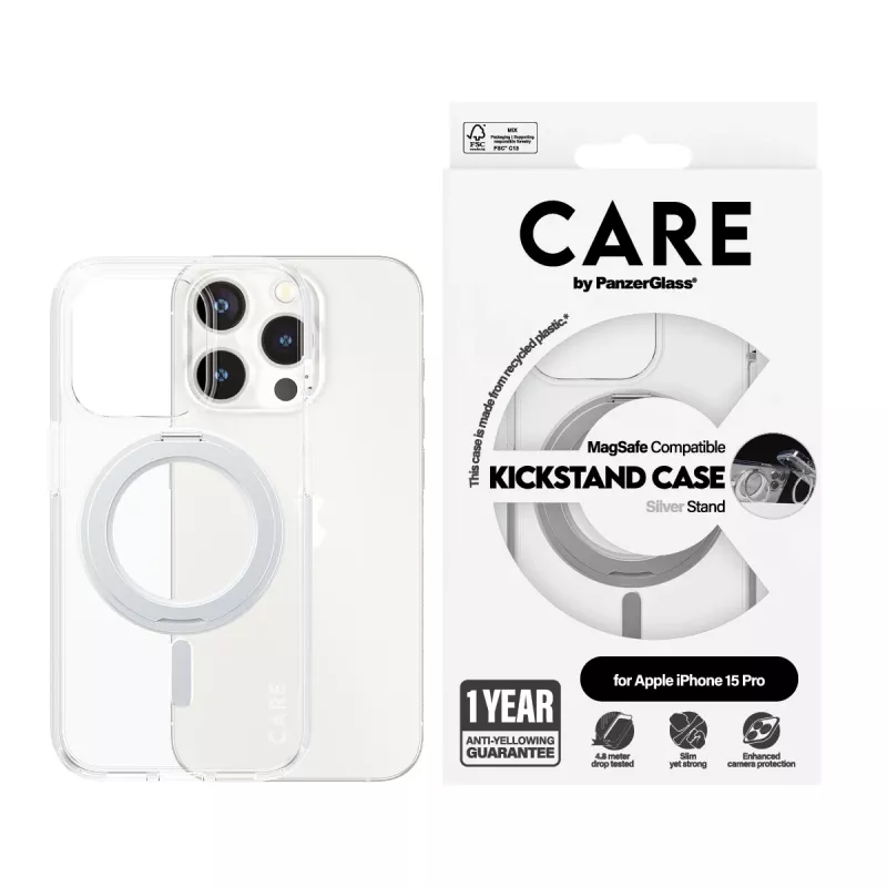 PanzerGlass CARE™ by ® funda transparente con soporte plateado y MagSafe iPhone 15 Pro