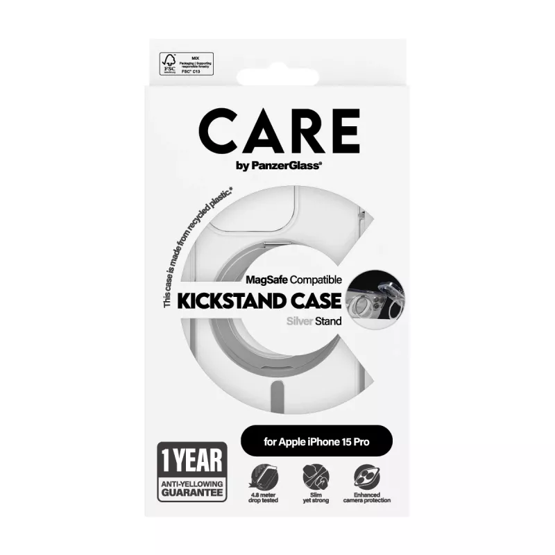 PanzerGlass CARE™ by ® funda transparente con soporte plateado y MagSafe iPhone 15 Pro