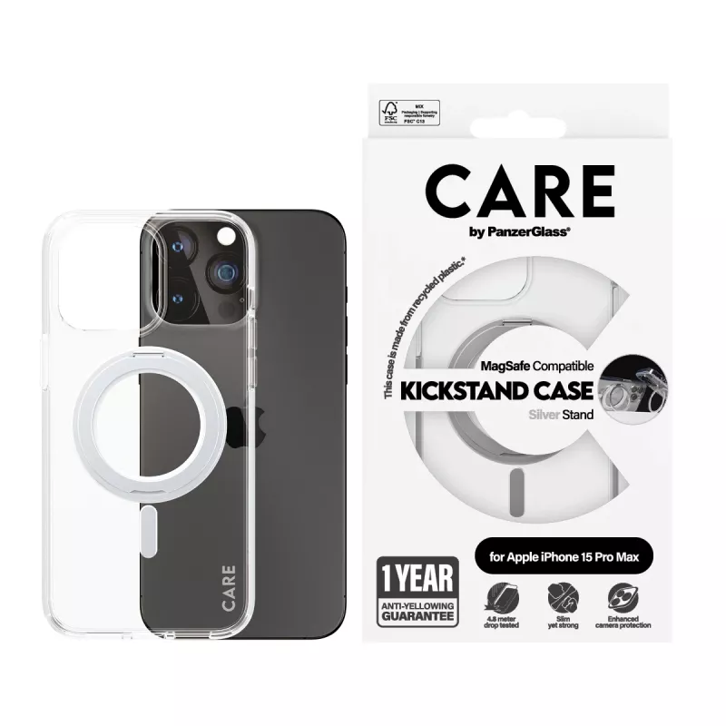 PanzerGlass CARE™ by ® funda transparente con soporte plateado y MagSafe iPhone 15 Pro Max