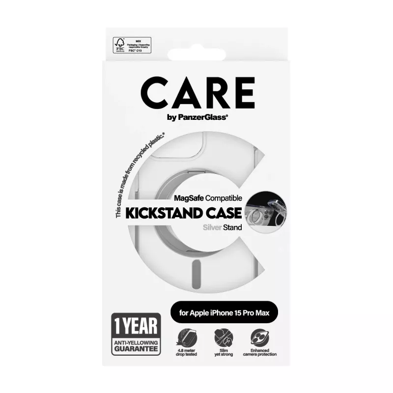 PanzerGlass CARE™ by ® funda transparente con soporte plateado y MagSafe iPhone 15 Pro Max