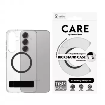 PanzerGlass CARE™ by ® funda transparente con soporte negro y compatible con Qi Samsung Galaxy S25+