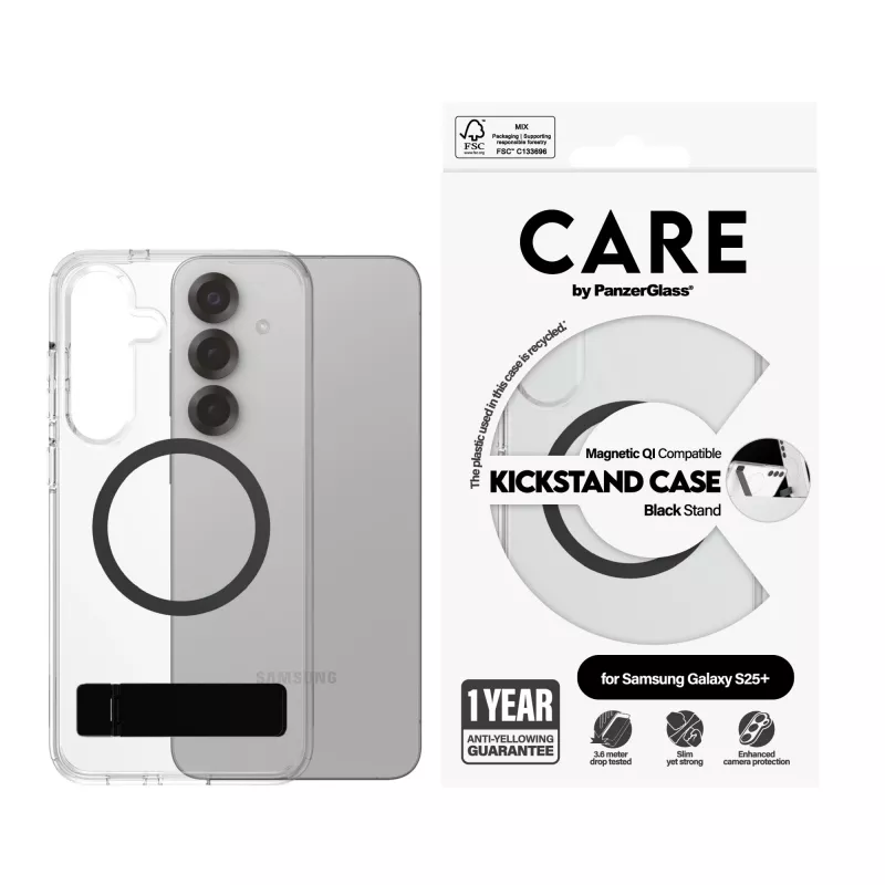 PanzerGlass CARE™ by ® funda transparente con soporte negro y compatible con Qi Samsung Galaxy S25+