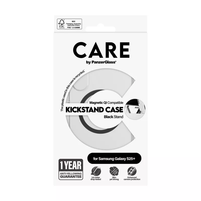 PanzerGlass CARE™ by ® funda transparente con soporte negro y compatible con Qi Samsung Galaxy S25+
