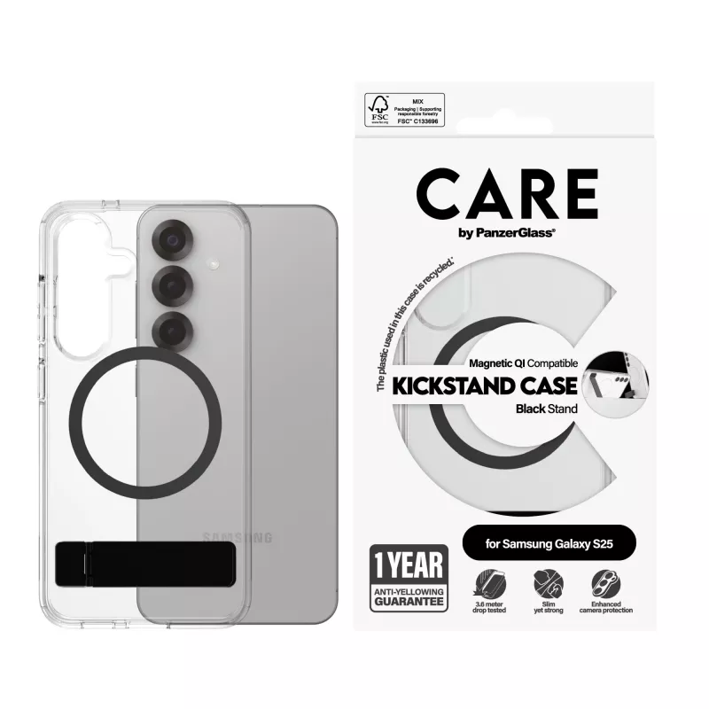 PanzerGlass CARE™ by ® funda transparente con soporte negro y compatible con Qi Samsung Galaxy S25