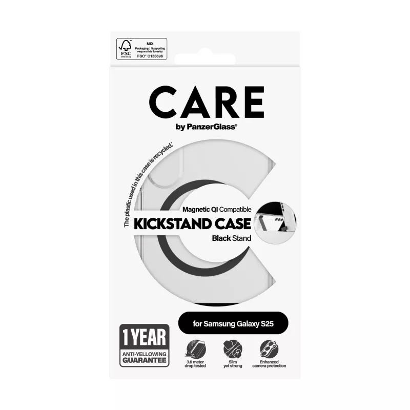 PanzerGlass CARE™ by ® funda transparente con soporte negro y compatible con Qi Samsung Galaxy S25