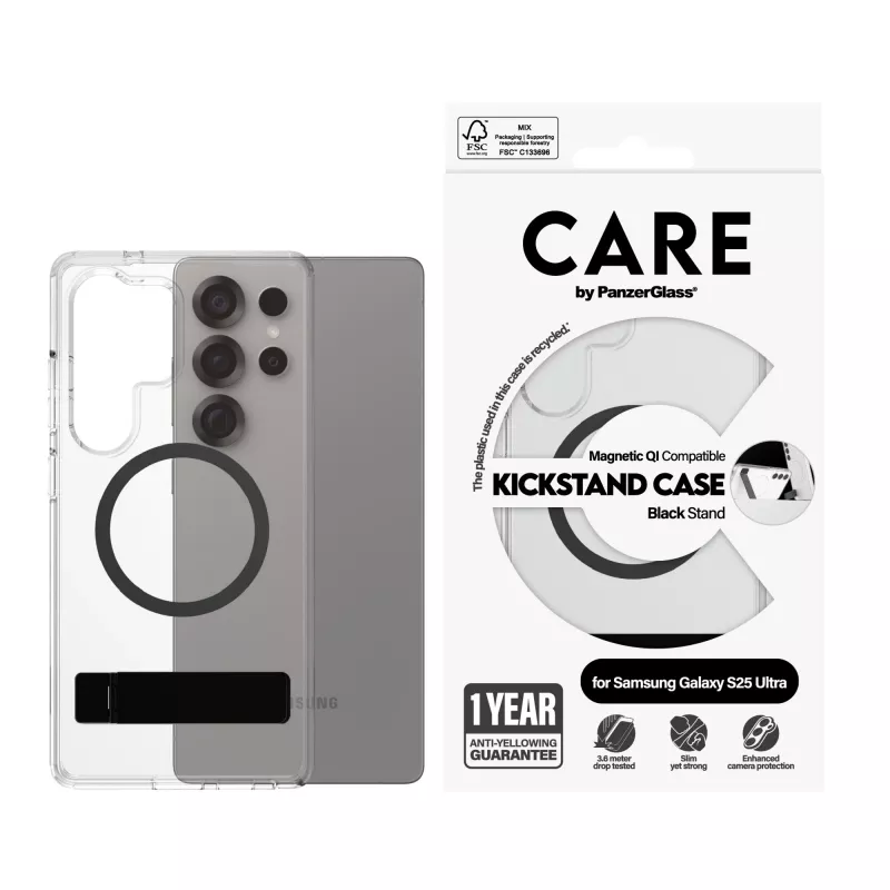 PanzerGlass CARE™ by ® funda transparente con soporte negro y compatible con Qi Samsung Galaxy S25 Ultra