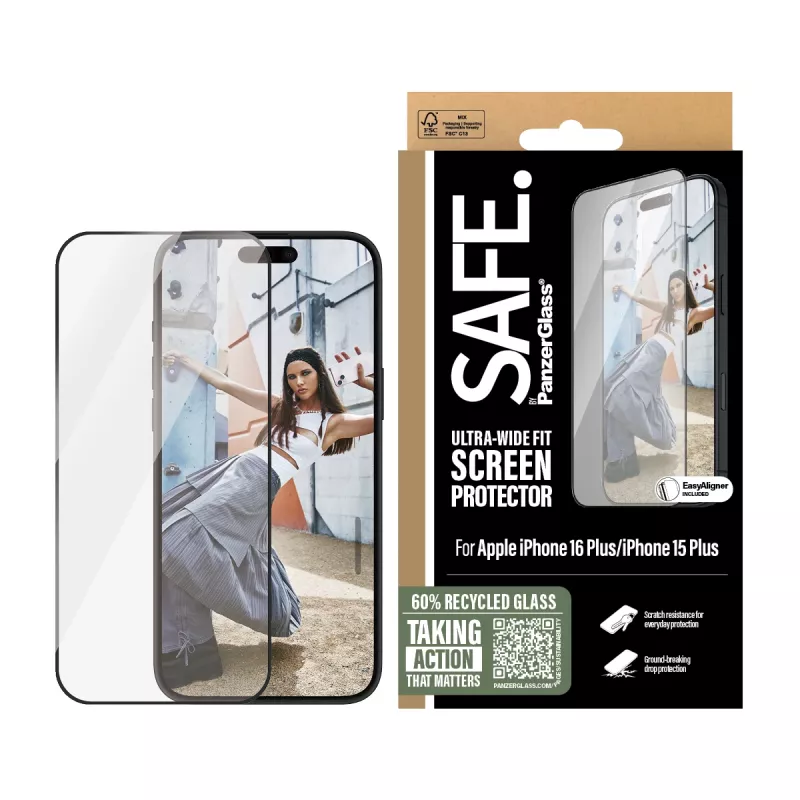 PanzerGlass SAFE. by ® protector de pantalla con marco negro iPhone 16 Plus | 15 Plus | Ultra-Wide Fit