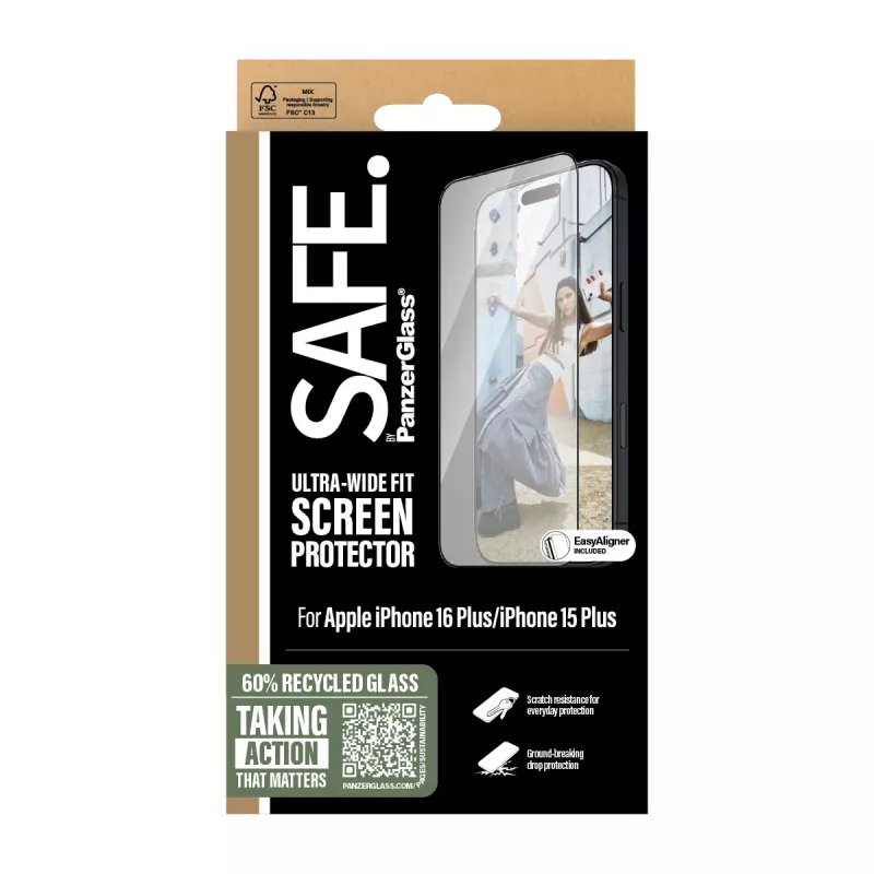PanzerGlass SAFE. by ® protector de pantalla con marco negro iPhone 16 Plus | 15 Plus | Ultra-Wide Fit