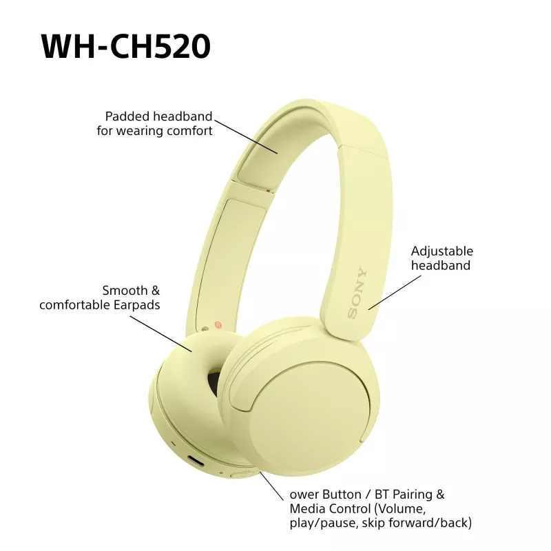 Sony WHCH520Y.CE7, Inalámbrico, Llamadas/Música, 20 - 20000 Hz, 147 g, Auriculares, Amarillo