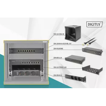 Pack de red DIGITUS 10 inch - armario 6HE negro bandeja PDU switch de 8 puertos panel de parcheo CAT6