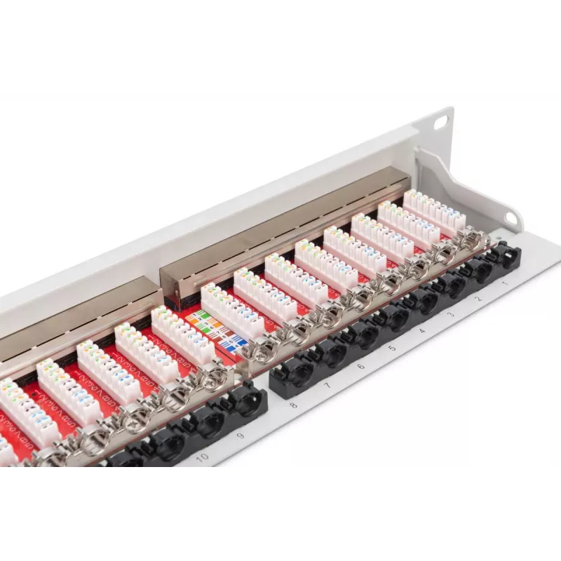 Panel de parcheo DIGITUS DN-91624S-EA de 19 pulgadas, CAT6A clase EA, apantallado, 24 puertos RJ45, LSA, 1U, gris claro RAL 7035