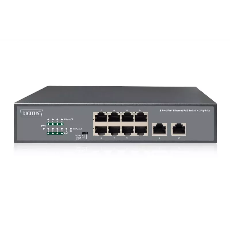 DIGITUS Switch Fast Ethernet PoE af/at 8 puertos + 2 uplinks 120W de presupuesto PoE, montaje en rack