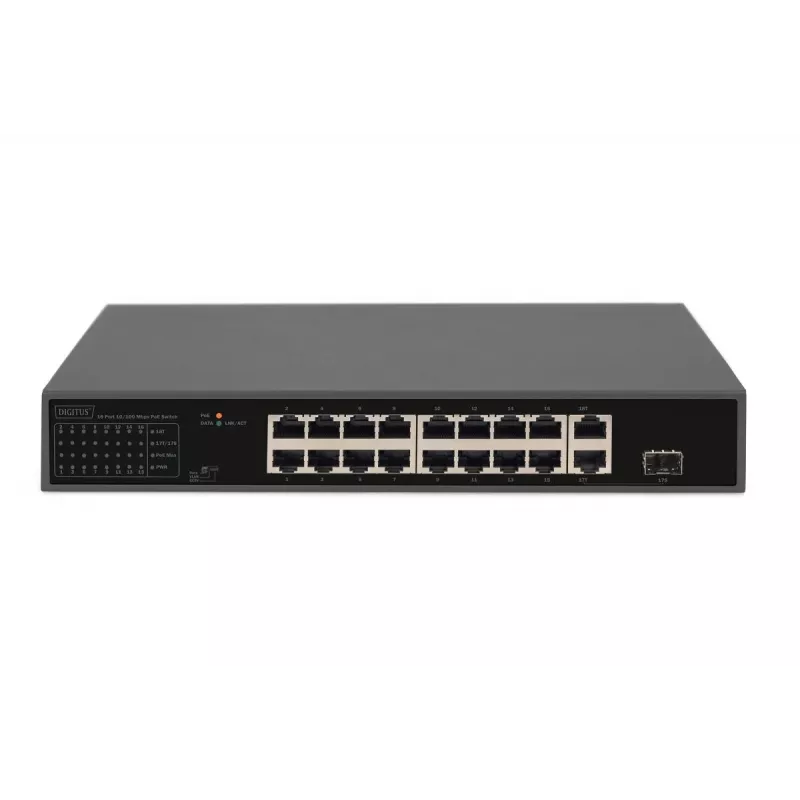 DIGITUS Switch PoE 16 puertos 10/100 Mbit/s 16 x puertos RJ45 PoE 10/100 Mbit/s, 1x GE RJ45, 1x SFP