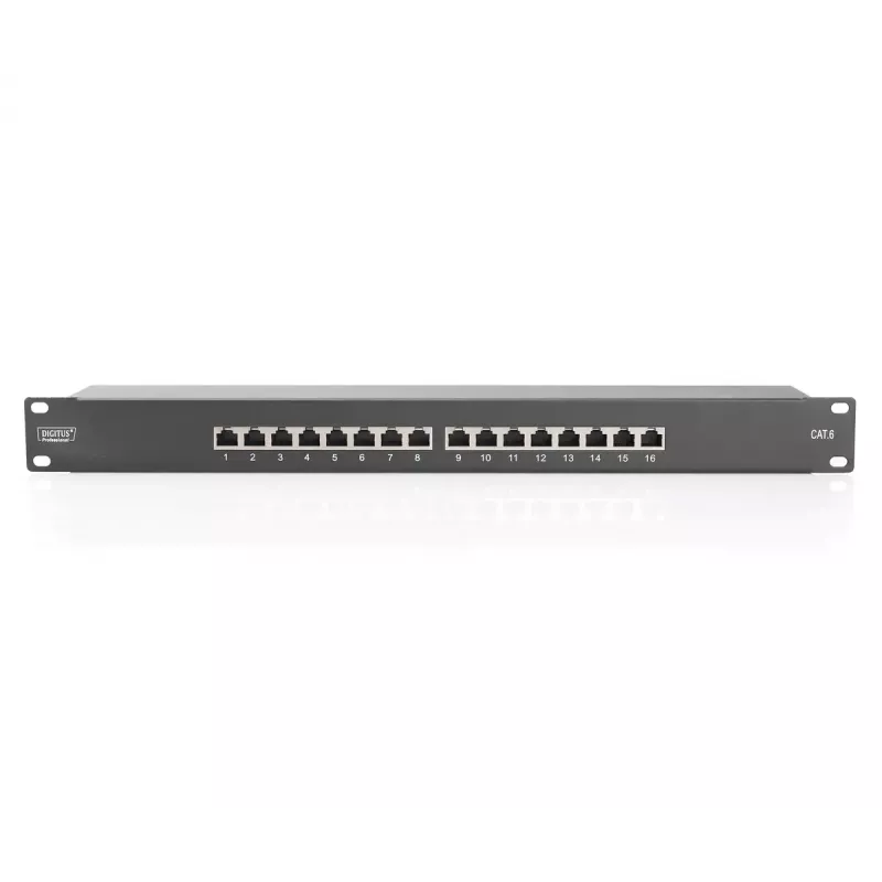 DIGITUS CAT6, Class E Patch Panel, apantallado 16 puertos RJ45, 8P8C, LSA, 1U, montaje en rack, color negro RAL9005/482x44x109