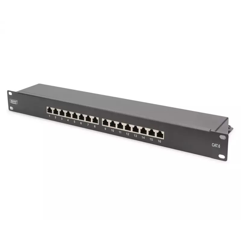 DIGITUS CAT6, Class E Patch Panel, apantallado 16 puertos RJ45, 8P8C, LSA, 1U, montaje en rack, color negro RAL9005/482x44x109