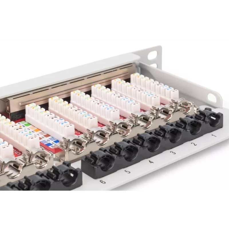 DIGITUS Patch Panel CAT6A EA apantallado, 24 puertos RJ45 protección antipolvo, 8P8C, 0,5U, gris RAL 7035