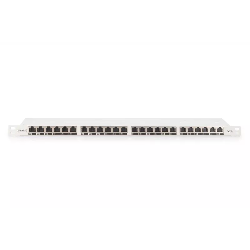 DIGITUS Patch Panel CAT6A EA apantallado, 24 puertos RJ45 protección antipolvo, 8P8C, 0,5U, gris RAL 7035