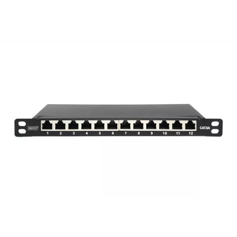 DIGITUS Patch Panel CAT6A, apantallado, 12 puertos, 1/2U, montaje en rack de 10