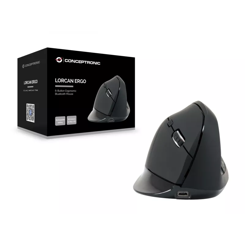 Conceptronic LORCAN ERGO ratón ergonómico Bluetooth de 6 botones, para diestros, diseño vertical, óptico, Bluetooth, 1600 DPI, negro