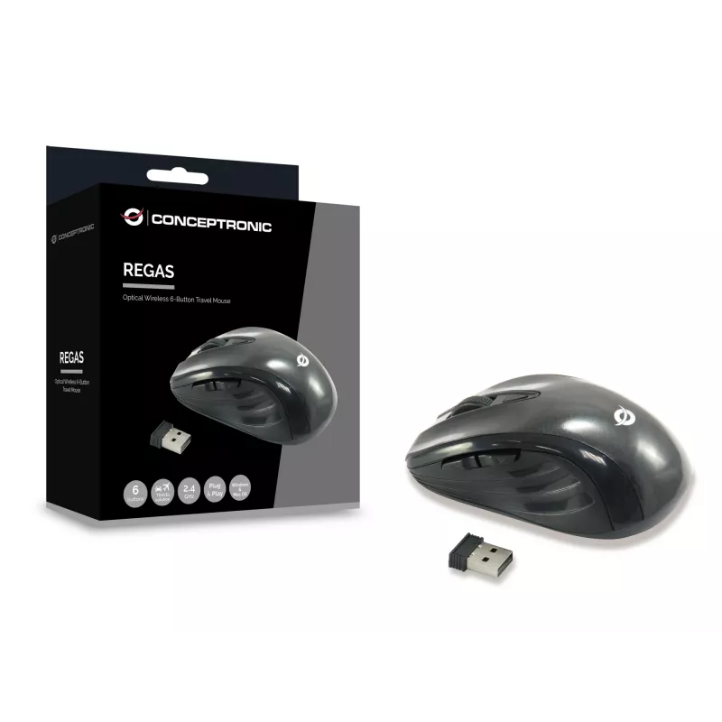 Conceptronic CLLM5BTRVWL ratón de viaje inalámbrico de 6 botones, para diestros, óptico, RF Wireless, 1600 DPI, negro