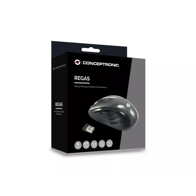 Conceptronic CLLM5BTRVWL ratón de viaje inalámbrico de 6 botones, para diestros, óptico, RF Wireless, 1600 DPI, negro