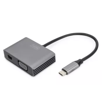 DIGITUS Adaptador USB-C - mini DP + VGA, 20 cm 4K/30Hz, Plata, carcasa de aluminio