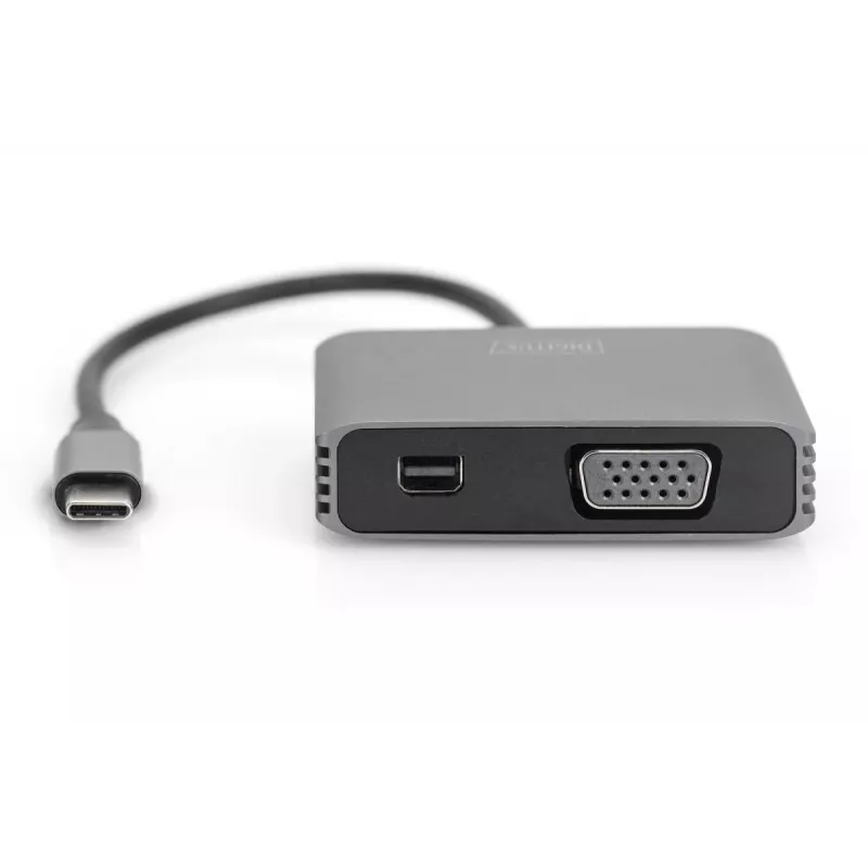 DIGITUS Adaptador USB-C - mini DP + VGA, 20 cm 4K/30Hz, Plata, carcasa de aluminio