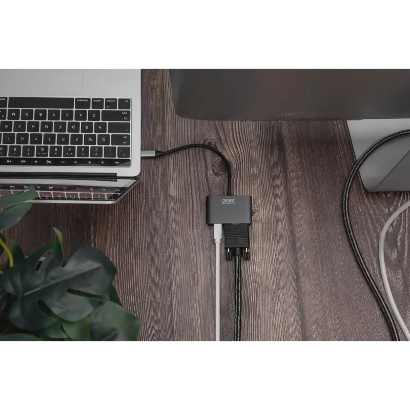 DIGITUS Adaptador USB-C - mini DP + VGA, 20 cm 4K/30Hz, Plata, carcasa de aluminio