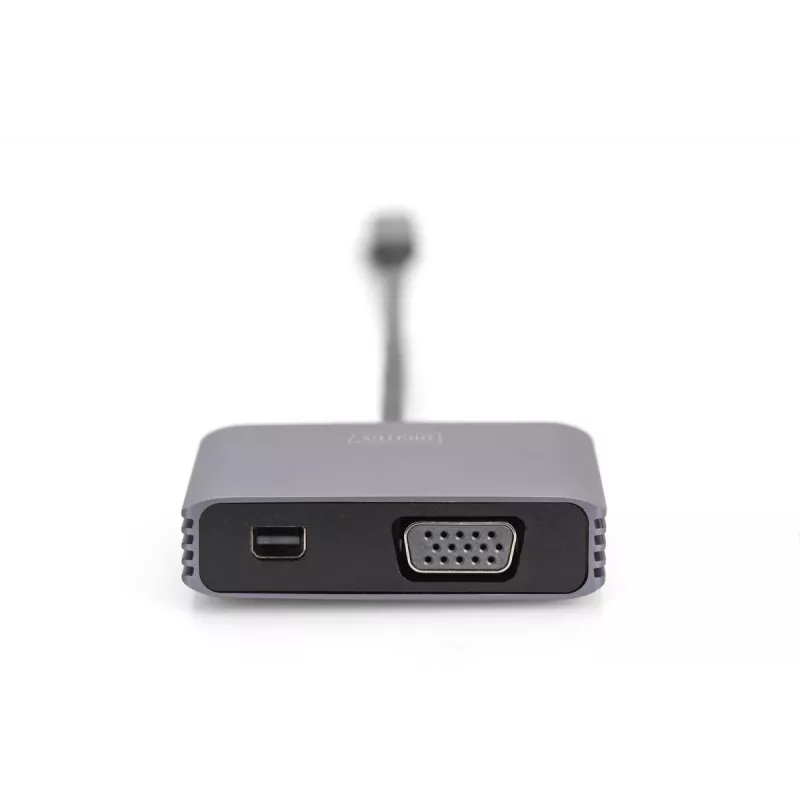 DIGITUS Adaptador USB-C - mini DP + VGA, 20 cm 4K/30Hz, Plata, carcasa de aluminio