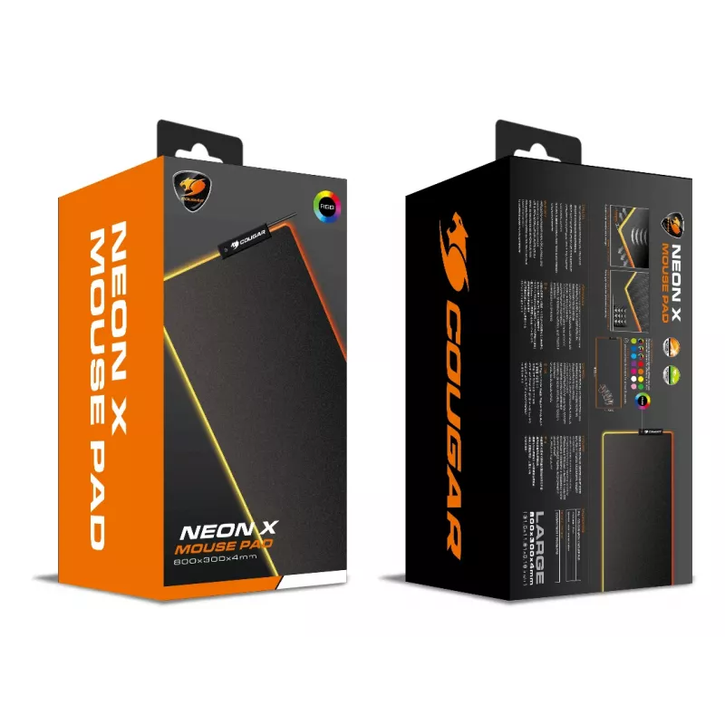 COUGAR Alfombrilla de ratón gaming NEON X, ARGB, 800x300, Negro, Unicolor, Tela, Goma, Varios, Base antideslizante, Alfombrilla de ratón gaming