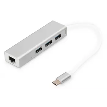 DIGITUS Hub USB 3.0 Type-C de 3 puertos con Gigabit Ethernet 3x USB A/H,1xUSB C/M,1x RJ45 LAN