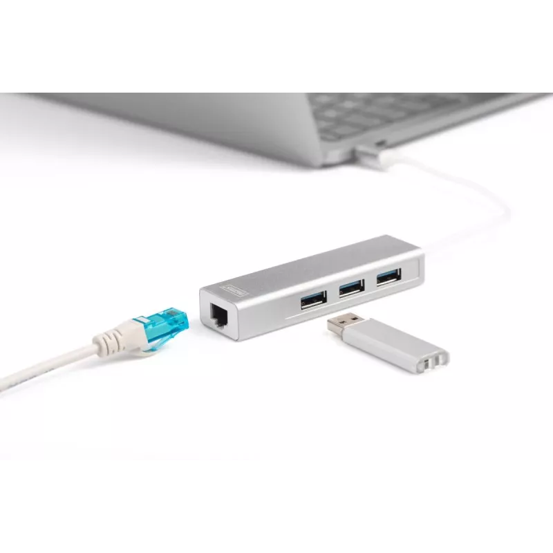 DIGITUS Hub USB 3.0 Type-C de 3 puertos con Gigabit Ethernet 3x USB A/H,1xUSB C/M,1x RJ45 LAN