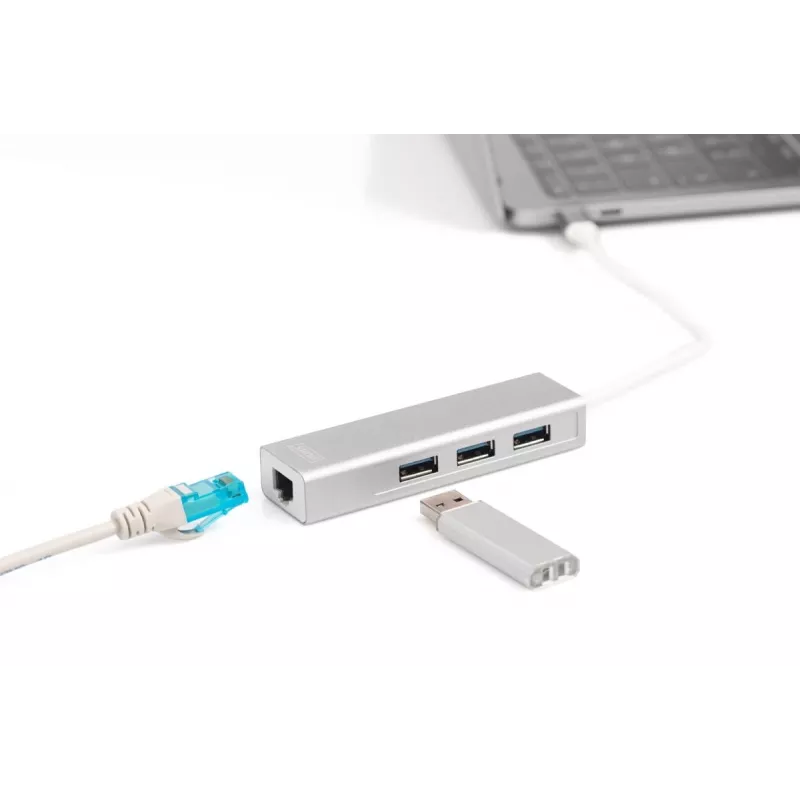 DIGITUS Hub USB 3.0 Type-C de 3 puertos con Gigabit Ethernet 3x USB A/H,1xUSB C/M,1x RJ45 LAN