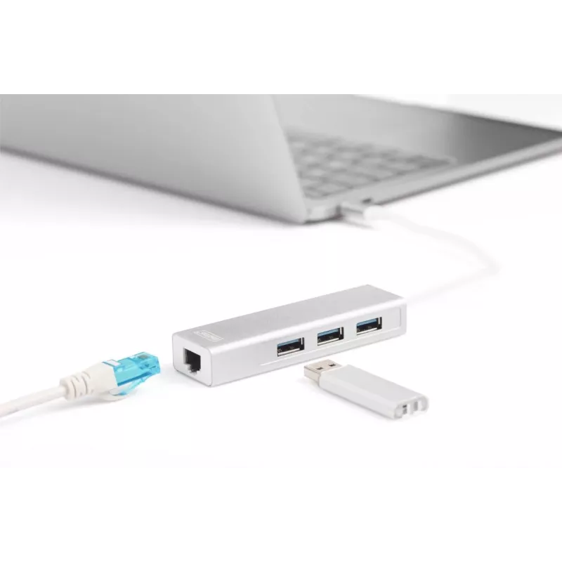 DIGITUS Hub USB 3.0 Type-C de 3 puertos con Gigabit Ethernet 3x USB A/H,1xUSB C/M,1x RJ45 LAN
