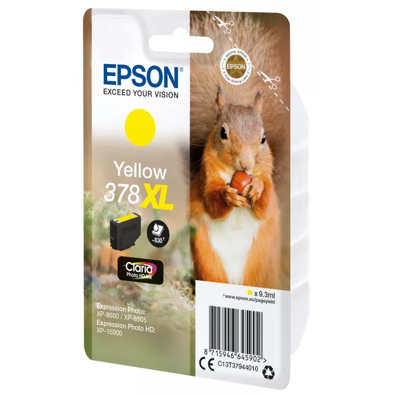 Epson Squirrel pack individual amarillo 378XL Claria Photo HD tinta, alto (XL) rendimiento, amarillo, tinta pigmentada, 9,3 ml, 1 ud., 830 páginas