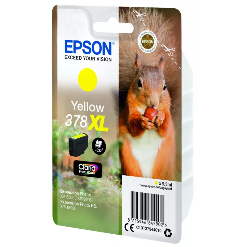 Epson Squirrel pack individual amarillo 378XL Claria Photo HD tinta, alto (XL) rendimiento, amarillo, tinta pigmentada, 9,3 ml, 1 ud., 830 páginas
