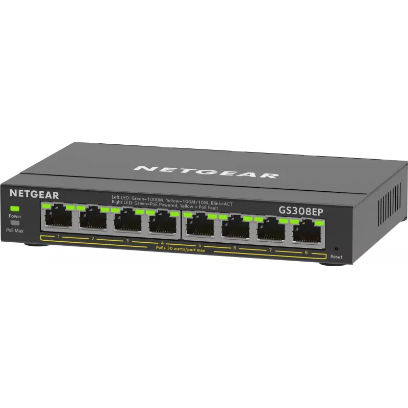 NETGEAR Switch Gigabit Ethernet PoE+ Plus de 8 puertos (GS308EP) Gestionado L2/L3 Gigabit Ethernet (10/100/1000) Power over Ethernet (PoE) Negro