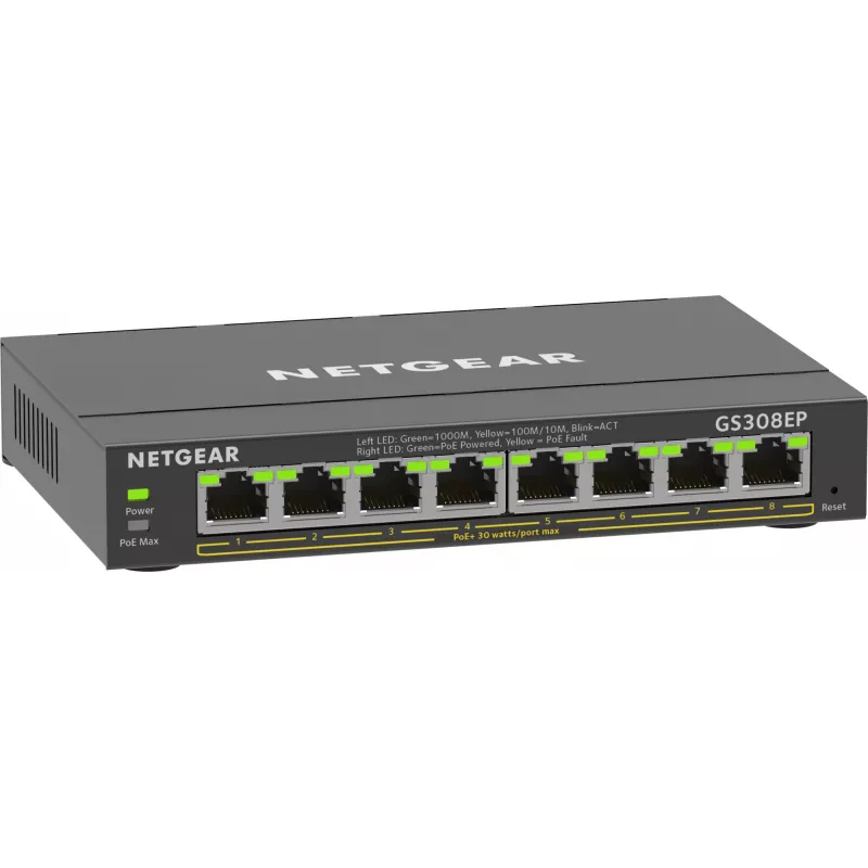 NETGEAR Switch Gigabit Ethernet PoE+ Plus de 8 puertos (GS308EP) Gestionado L2/L3 Gigabit Ethernet (10/100/1000) Power over Ethernet (PoE) Negro