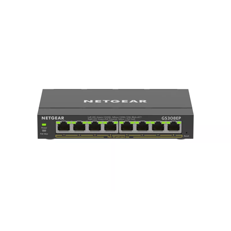NETGEAR Switch Gigabit Ethernet PoE+ Plus de 8 puertos (GS308EP) Gestionado L2/L3 Gigabit Ethernet (10/100/1000) Power over Ethernet (PoE) Negro