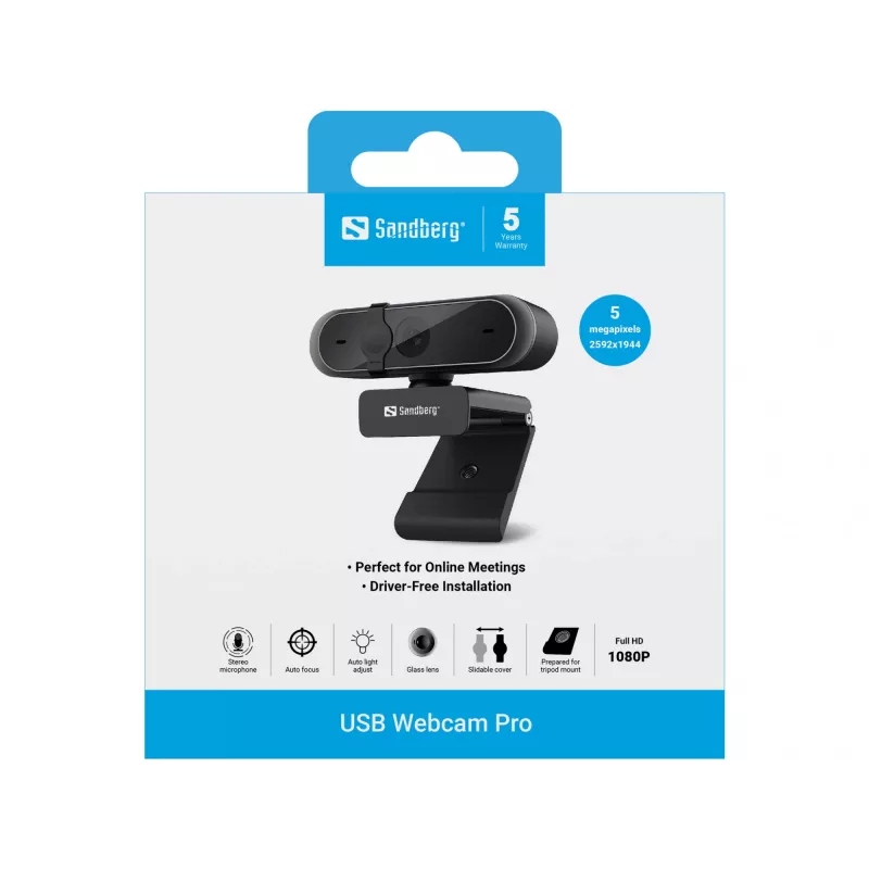 Sandberg USB Webcam Pro, 5 MP, 2592 x 1944 píxeles, Full HD, 30 fps, 1920x1080@30fps, 2595x1944@30fps, 1080p