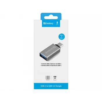 Sandberg USB-C a USB 3.0 Dongle, USB 3.2 Gen 1 (3.1 Gen 1) Type-C, USB 3.2 Gen 1 (3.1 Gen 1) Type-A, Plata, Aluminio, 5 g, 80 mm